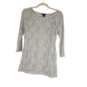 DKNY Jeans Top Sheer Lace 3/4 Sleeve Scoop Neck Tunic Gray Silver size Small